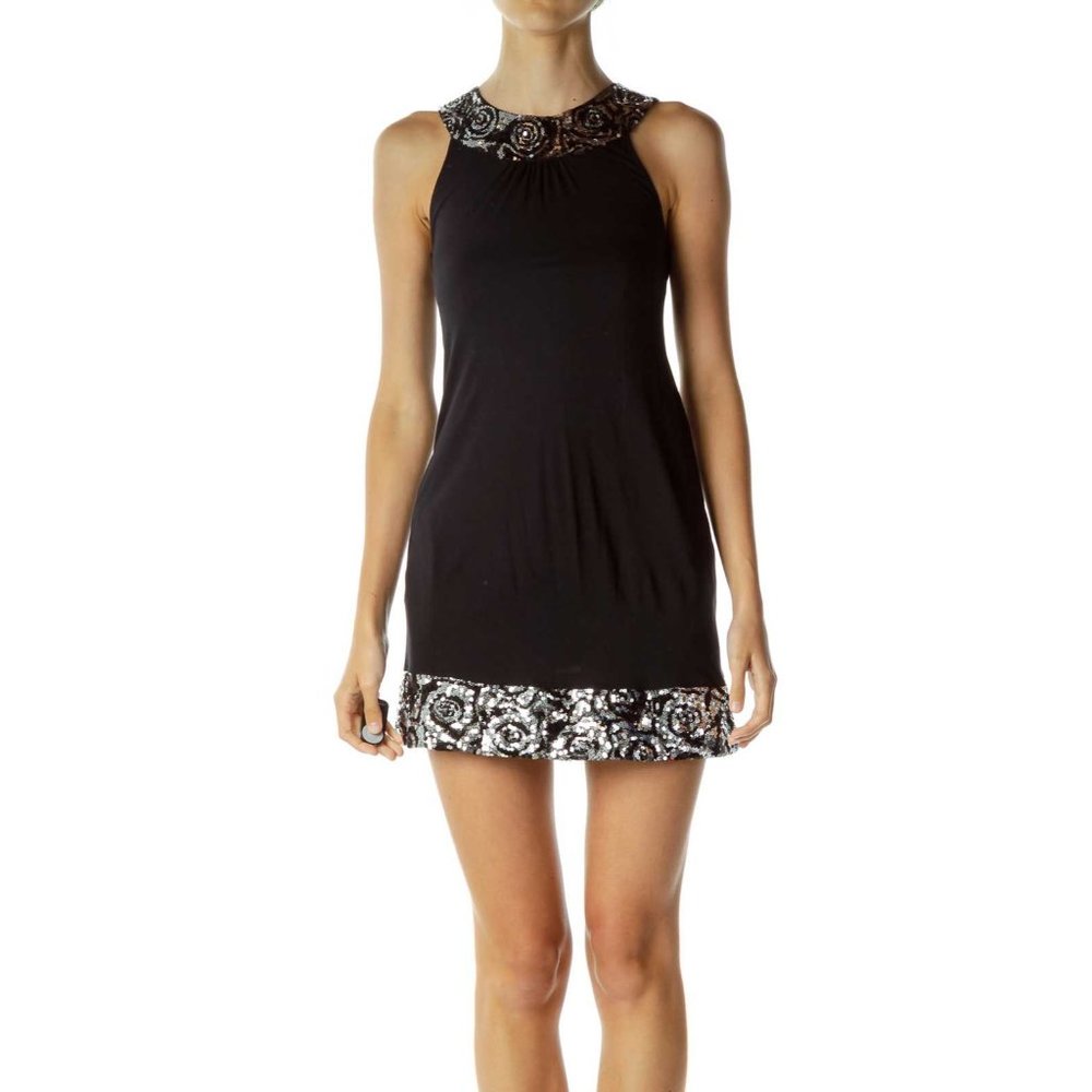 Express Womens Sequin Detail Shift Dress Halter Neck Sleeveless Black Size Large